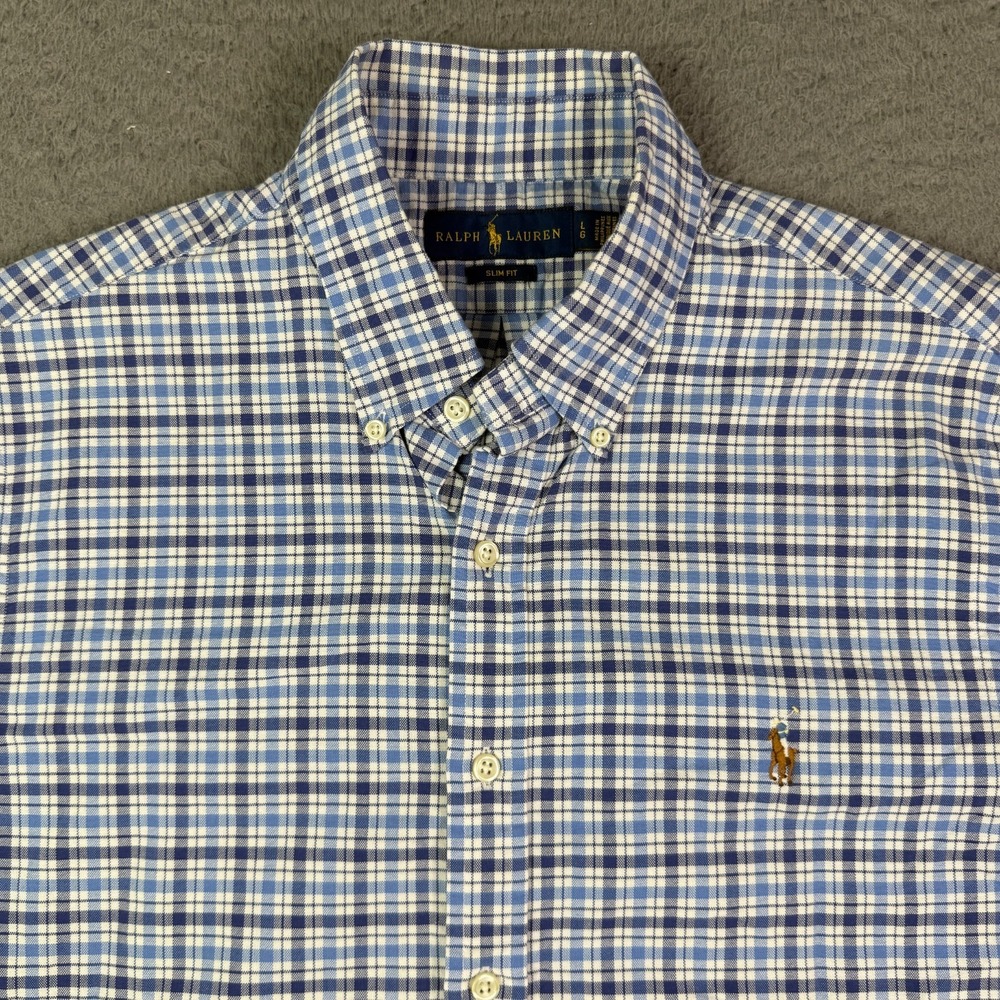 Ralph Lauren Shirt Mens Large Blue Plaid Oxford Button Down OCBD Short Sleeve